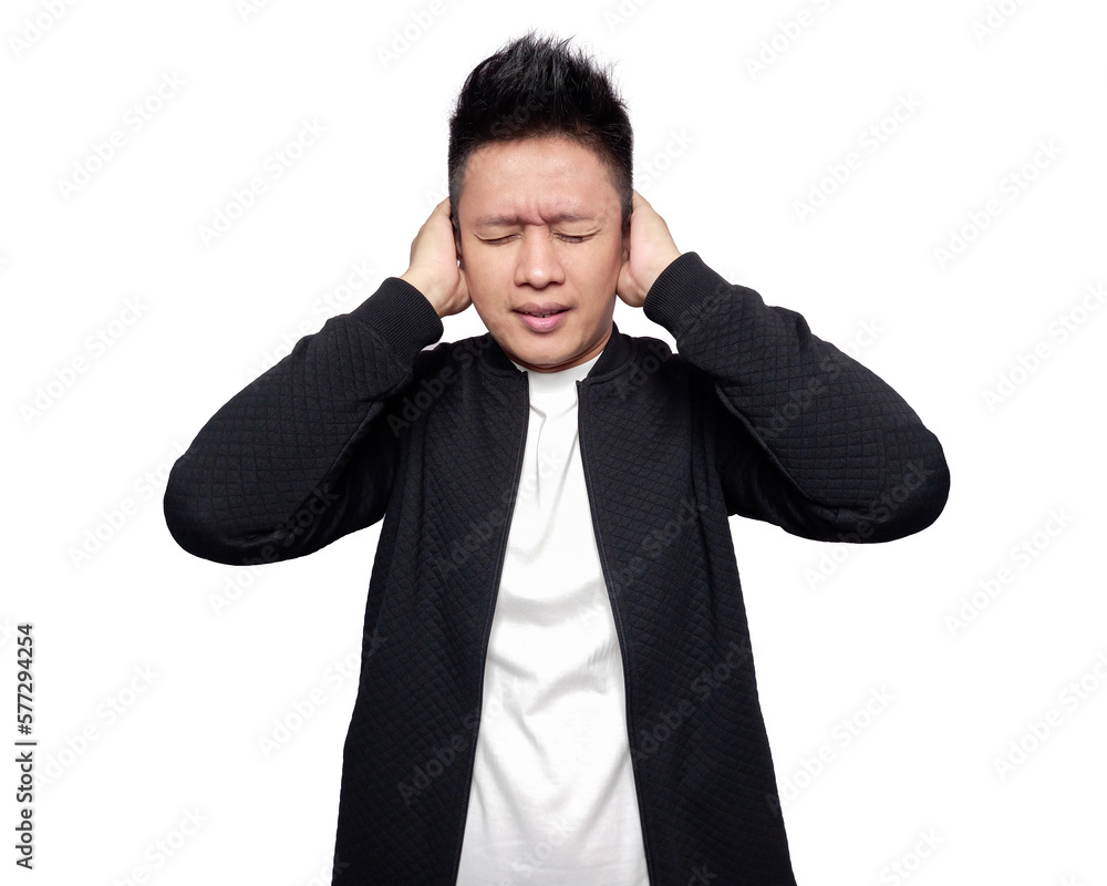 Man cover both ears while closing both eyes isolated on white Man cover both ears while closing both eyes isolated on white
