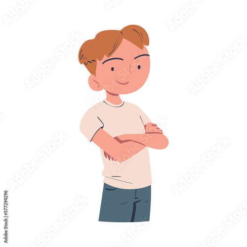 Confident Man Character with Folded Arms and Satisfied Face Expressing Self Pride Vector Illustration