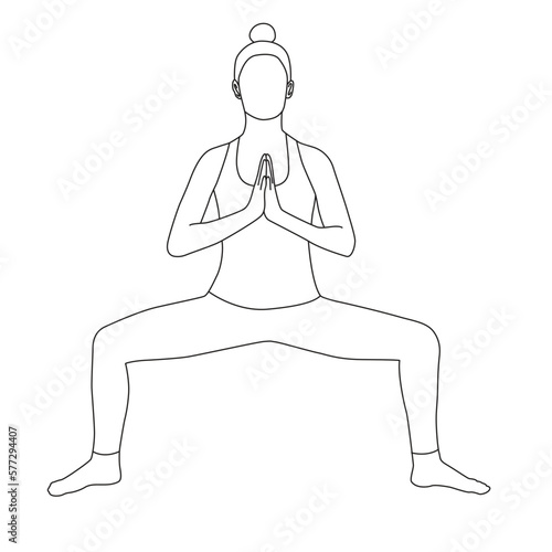 Line art of woman doing Yoga in horse pose vector.