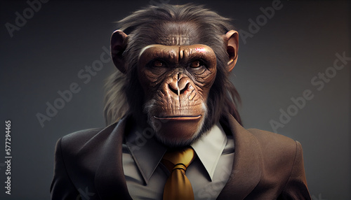 Male chimpanzee in business suit and tie. Businessman. Generative AI