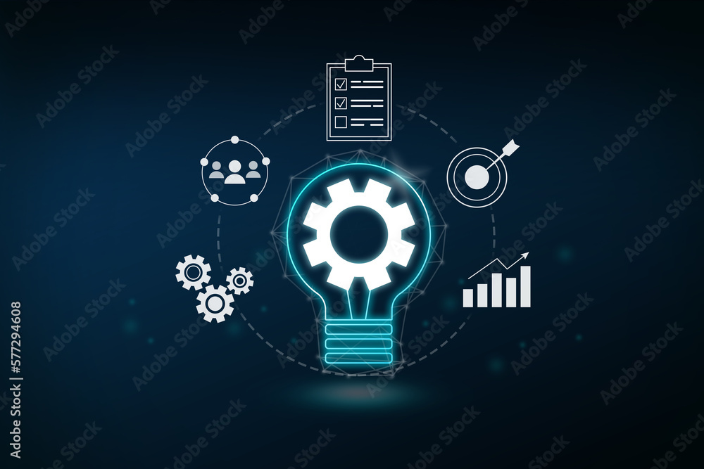 Concept idea of innovation, Cycle of digital business including icon process of work, customers relation, target goal to achieve, checklist and data, analysis of report, statistics on blue background.