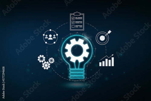 Concept idea of innovation, Cycle of digital business including icon process of work, customers relation, target goal to achieve, checklist and data, analysis of report, statistics on blue background.