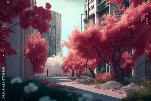 illustration of city with buildings and sakura blossom . AI