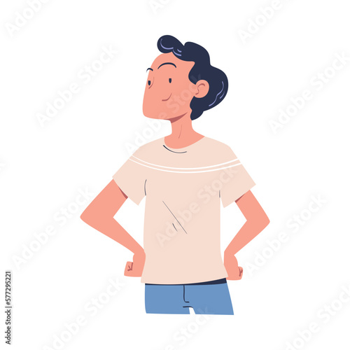 Confident Man Character with Satisfied Face and Hands on Hips Expressing Self Pride Vector Illustration
