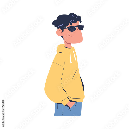 Confident Man Character in Hoody and Sunglasses with Satisfied Face Expressing Self Pride Vector Illustration