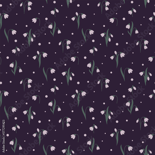 seamless pattern with snowdrop flowers on dark background