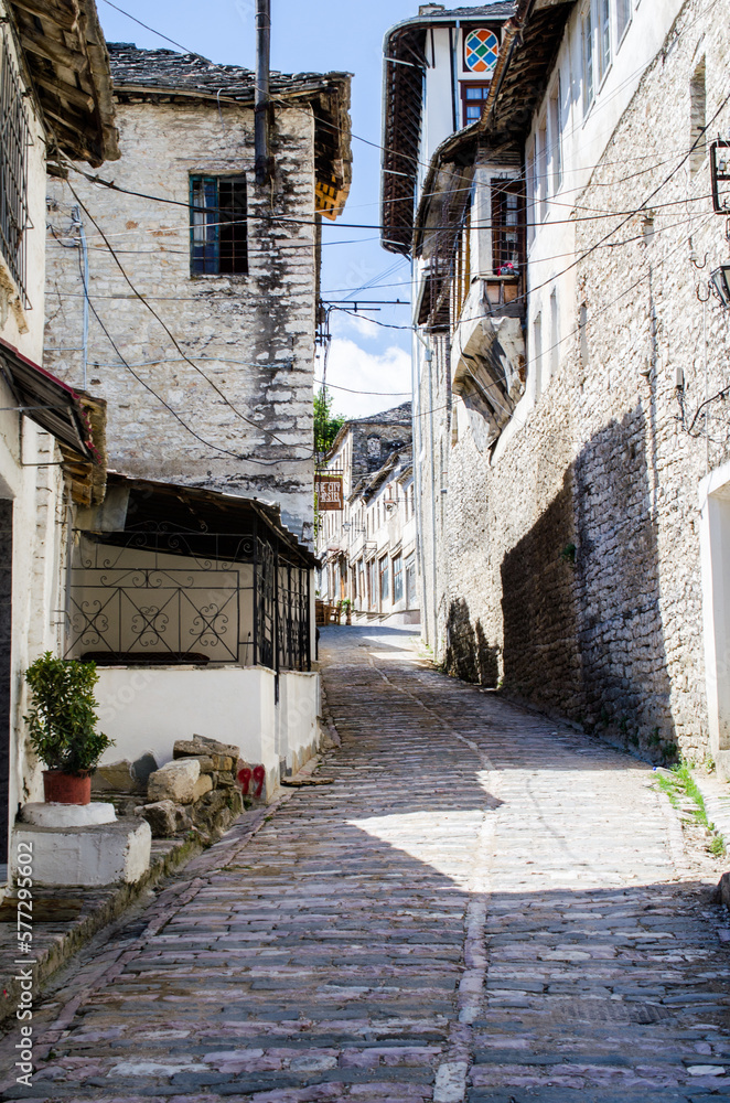Old beautiful street in Gjirokaster, Albania, stock photo.