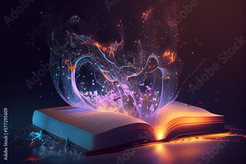 illustration of book with magical glowing with bright light. AI