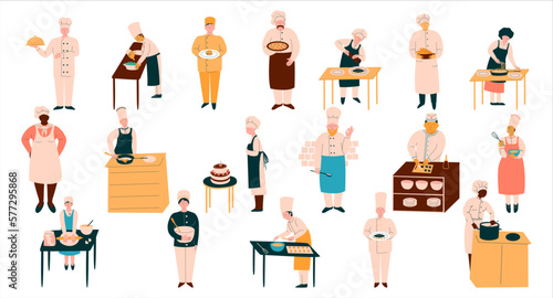 Chefs cooking in restaurant kitchen set. Professional cooks preparing food and baking tasty desserts cartoon vector illustration