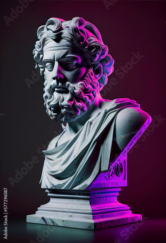 Greek Philosopher Sculpture with neon lights. Generative ai