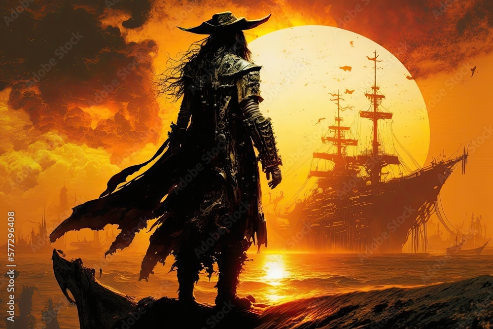 A pirate looking at his ship on sundown, concept art, ai art, digital painting