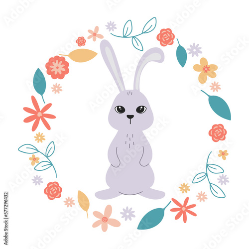 Bunny in floral round frame. Rabbit sits in flowers and herbs. Cute baby illustration, clip art. Blooming wildflowers and botanical twigs, flat vector illustration