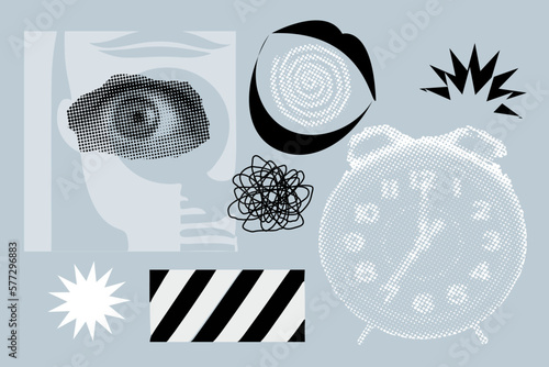 Fashion art collage with alarm clock and eye in pop art style with abstract shapes. Contemporary art poster. Amazing punk minimalism.