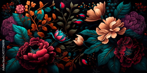 A colorful floral pattern on a dark background  Generative AI