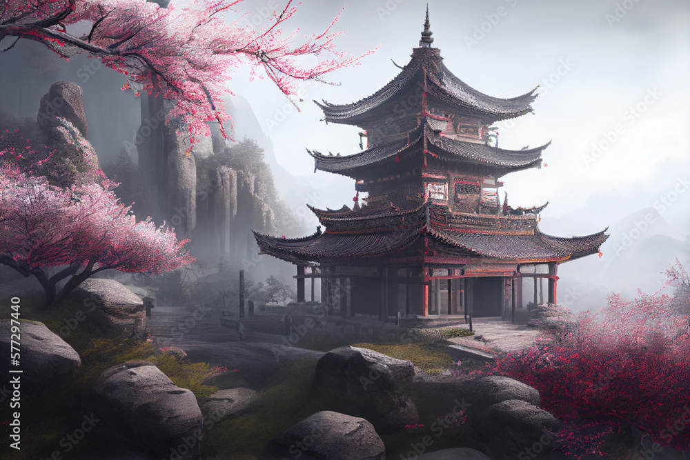 Washable Wallpaper Murals Beautiful Chinese temple on a mountain with  Sakura trees at night, bright moon in the sky, generative ai
