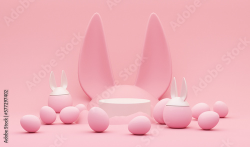 3D display podium  creative easter egg on pastel pink background  Easter eggs with Rabbit ears. Happy Easter Holiday background.  Banner  web poster  flyer cover  greeting card.3d render 