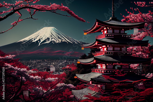 Beautiful mountain Fuji and Chureito red pagoda with cherry blossom sakura. Generative AI technology.