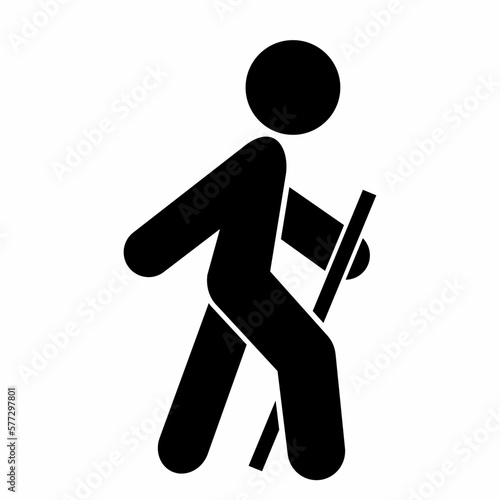 Tourist, walking person, black vector symbol , silhouette of man with sticker, web icon, hiking hole