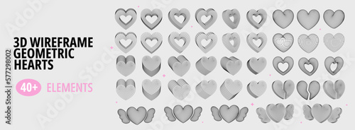 Big set of 3d wireframe geometric hearts. Flat vector illustration with frame figures. Brutalism or y2k style. Concept trendy elements.