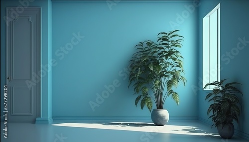 Fototapeta Naklejka Na Ścianę i Meble -  Decorated living room interior with indoor plants, big window, a lot of natural lights, closed door against pastle blue walls background. Mockup with minimal set up. 3d illustration. Generative AI.
