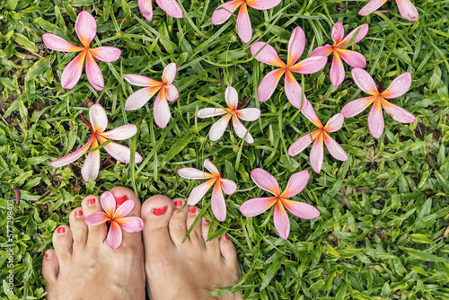 Pink frangipani flowers on green grass with woman's bare feet