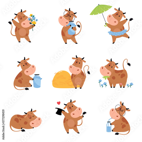 Cute happy brown cow in various activities set. Lovely farm animal character smelling bouquet of flowers, walking with umbrella and grazing in meadow cartoon vector illustration