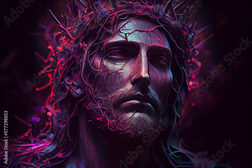 Dramatic illustration of crown in neon color with Jesus . AI