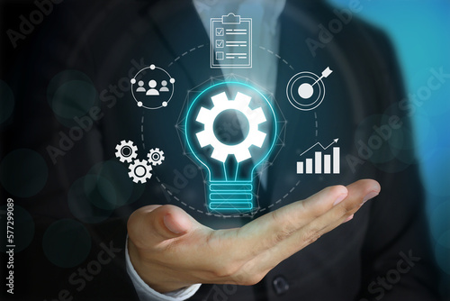 Concept idea of innovation, Cycle of digital business including icon process of work, customers relation, target goal to achieve, planning and data, analysis of report, statistics on blue background.