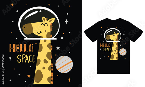 Cute giraffe in space illustration with tshirt design premium vector