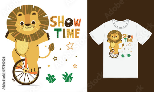 Cute lion reading a unicycle illustration with tshirt design premium vector