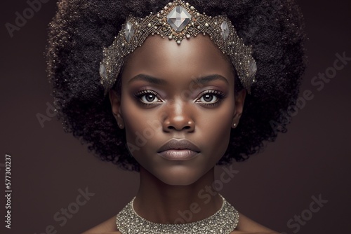 Hübsche junge Afrikaner Frau mit schönem Make-Up und Diadem Kopfschmuck Porträt, ai generativ