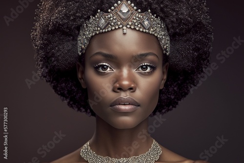 Afrikanische Frau Gesicht mit Visagistik und Diadem Kopfschmuck Nahaufnahme, ai generativ