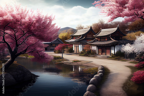 Beautiful Japonese garden with cherry blossom, sakura, with water lake and japonese houses.  Generative AI technology. photo