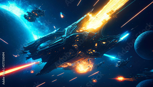 Laser-Fueled Battle Amongst the Stars: Intergalactic Spaceships Clash in Epic Showdown. Generative ai © BigMindOutfit