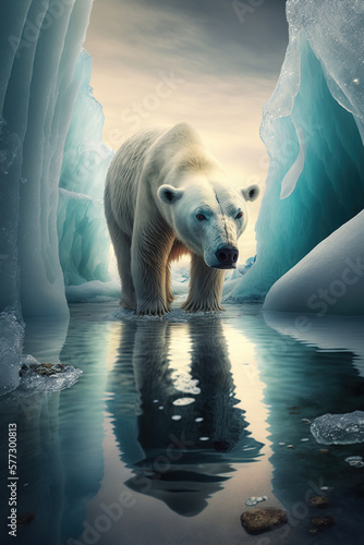 White polar bear on melted glacier puddle and icicles in North Pole  sunlight Global warming. AI Generative