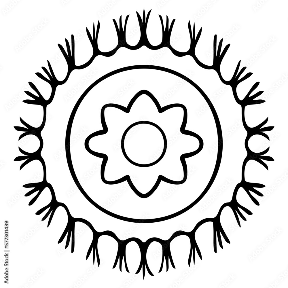 The carpet is round. Sketch. Floor covering with flower ornament. Fringed floor mat. Vector illustration. Rug in doodle style. Coloring book. Outline on isolated background. The carpet is round. Sketch. Floor covering with flower ornament. Fringed floor mat. Vector illustration. Rug in doodle style. Coloring book. Outline on isolated background.