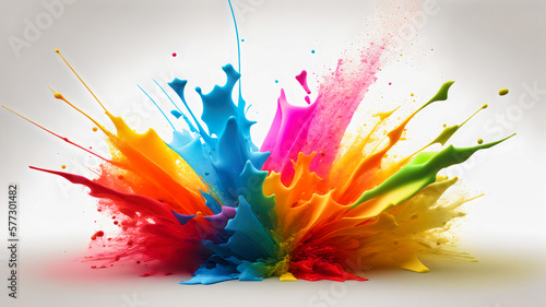 abstract wallpaper with exploding rainbow water splash paint with vivid colors on white background photo