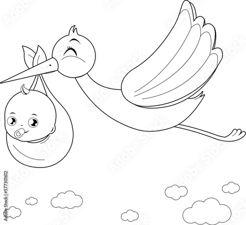 A stork flying in the sky and delivering a cute newborn baby. Vector black and white coloring page.