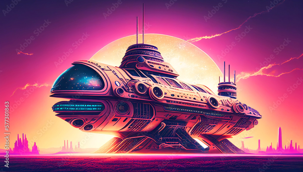 Retro-Futuristic Spacecraft: A Neon Synthwave Spacecraft illustration. Nostalgia. Generative ai Retro-Futuristic Spacecraft: A Neon Synthwave Spacecraft illustration. Nostalgia. Generative ai