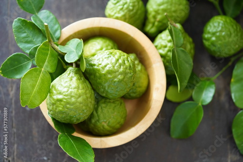 close up of a green bergamot hearb for protect hair loss problem, fresh green bergamot prepare for healthy cooking ingredient and pure traditional herbal medicine, herb for  hair loss control photo