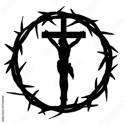 Good friday crucifixion Easter religious vector illustration - Black silhouette of Crown of thorns icon symbol and crucifix cross with jesus, isolated on white background