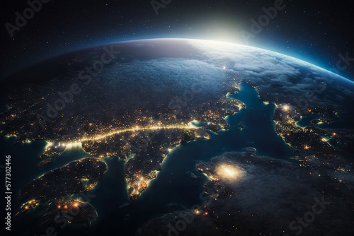 Fototapeta Naklejka Na Ścianę i Meble -  View of planet earth from space. The rising sun on the horizon and illuminated cities on the continent. Generative ai