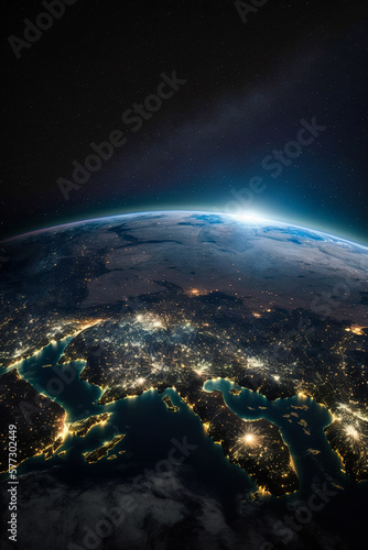 Fototapeta Naklejka Na Ścianę i Meble -  View of planet earth from space. The rising sun on the horizon and illuminated cities on the continent. Generative ai