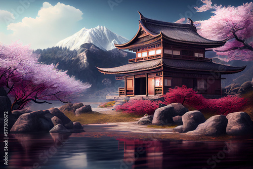 Beautiful Japonese garden with cherry blossom, sakura, with water lake and japonese houses.  Generative AI technology. photo