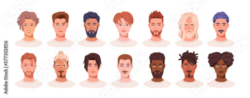 Face avatars, head portraits set. Diverse young men. Male characters, handsome guys, user profiles of different race, hairdo, appearance. Flat vector illustration isolated on white background