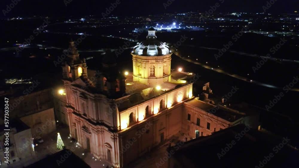 drone shot view of Mdina church during night time, Malta drone shot view of Mdina church during night time, Malta