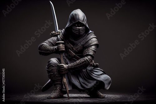 Ninja kneeling posing with a sword Generative AI technology.