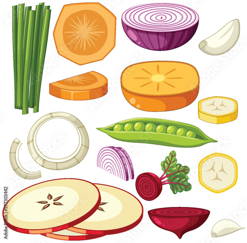 Set of sliced vegetable and fruit