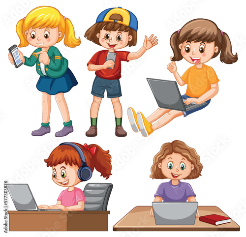 Set of children using laptop