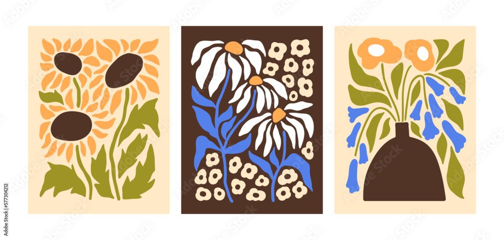 Floral posters set. Abstract spring floral plants, gorgeous bouquets, modern botanical cards. Contemporary interior wall arts, blooming sunflowers, chamomiles. Colored flat vector illustrations